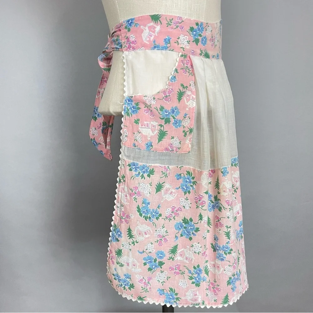 Vintage Half Apron Hostess Wedding Chapel Church Floral Pattern Sheer White Pink